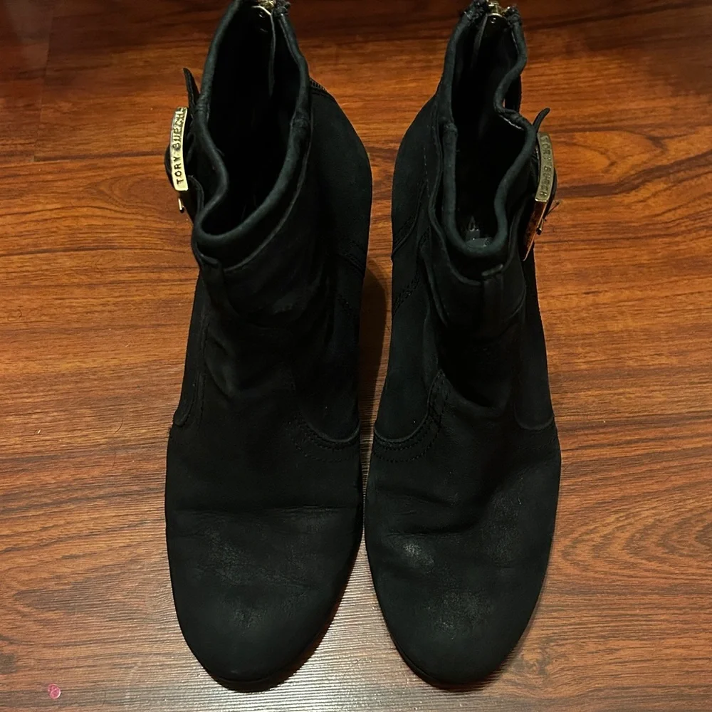 Tory Burch Deanna Black Suede Ankle Booties with Gold Buckle Sz 9 1/2